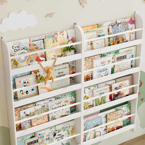 FOTOSOK 2 Pcs Kids Bookshelf, Set of 2 Wall Mount 4-Tier Book Shelf Organizer for Toys and Books, Toy Storage Bookshelf for Kids in Bedroom Living Room, White