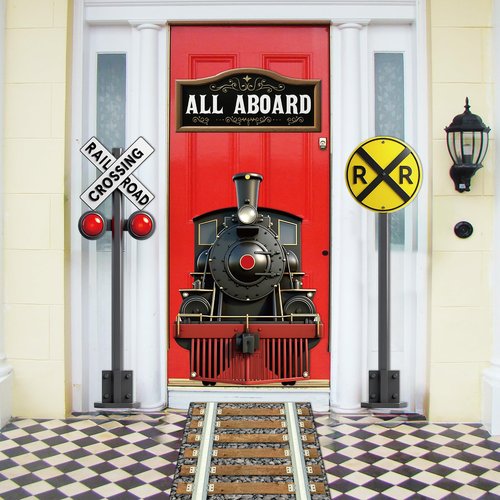 Train Party Decoration Train Theme Door Banner Backdrop Railroad Track Aisle Runner Traffic Crossing Sign Background Fabric for Transportation Birthday School Classroom Home Baby Shower Supplies