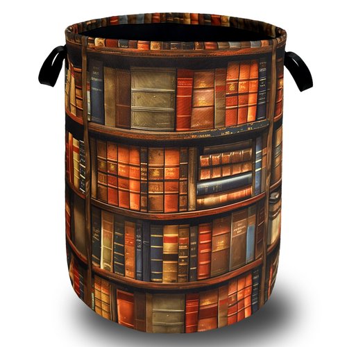 Retro Wooden Bookshelf Pattern Laundry Hamper Books Laundry Basket With Handles Foldable Oxford Cloth Funny Tote Bag Clothes Toy Storage Bucket 18.9"x16.5" For Bathroom/Laundry/Bedroom