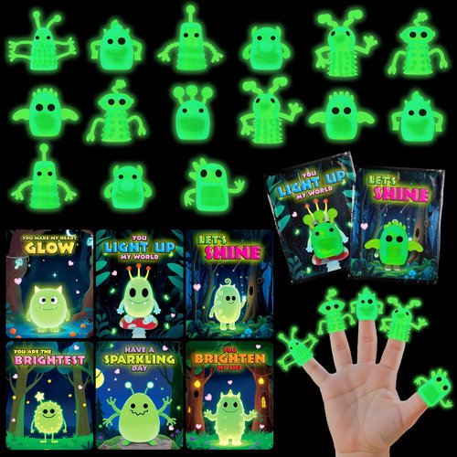 36 Packs Valentines Day Cards for Kids with Glow in The Dark Monster Finger Puppets, Valentines Day Gifts for Kids, Valentines Cards for School Classroom Exchange, Valentines Party Favors Prizes