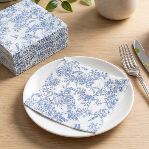 Janlaugh 120 Pcs Disposable Blue and White Floral Linen Feel Napkins | Perfect for Weddings & Parties