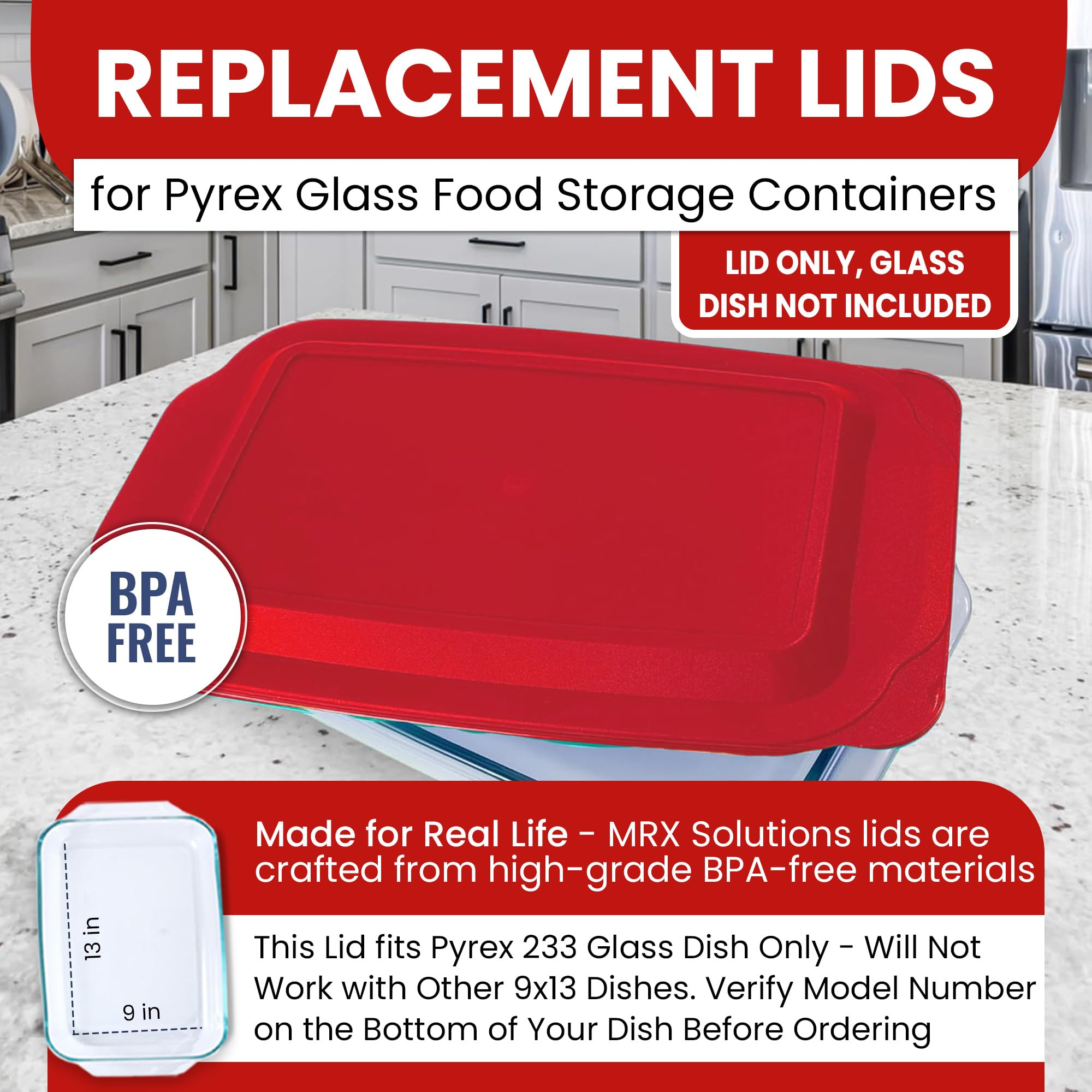 Replacement Lids fits Pyrex 9x13 233 Glass Casserole Baking Dish Container with Tab Handles, for 3-Quart Model 233-PC (2-Pack, Red)