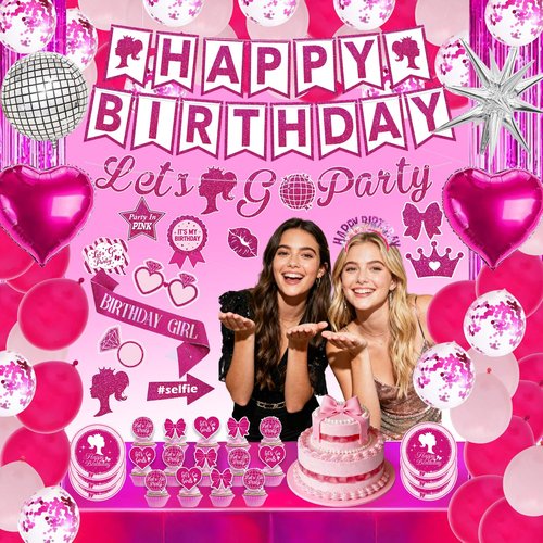 Hot Pink Birthday Party Decorations 99 Pcs, Pink Happy Birthday Party Decorations for Women, Girl with Banner, Hanging, Backdrops, Foil Balloons, Tableware, Tiara, Sash, Sunglasses