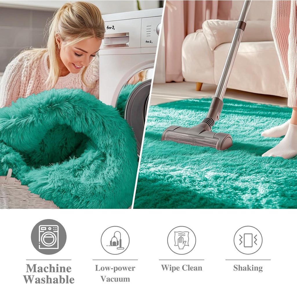 OLANLY Teal Green Round Area Rug - Soft, Fluffy, Machine Washable 8 ft Circle Carpet for Bedroom & Living Room
