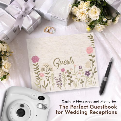 Linen Embroidered Photo Wedding Guest Book - Premium Hardcover Pink Polaroid Guestbook for Wedding Reception, Baby Shower, Bridal Shower, Funeral, Engagements -160 Pages for Notes 10.25" × 8.25"
