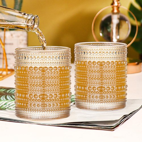 24 Pcs Golden Hobnail Beaded Drinking Glasses, 12 oz Vintage Glassware Set Romantic Water Glasses Tumbler, Water Cups, Clear Embossed Glassware Set for Beer, Juice, Cocktail, Soda, Beverages Amber