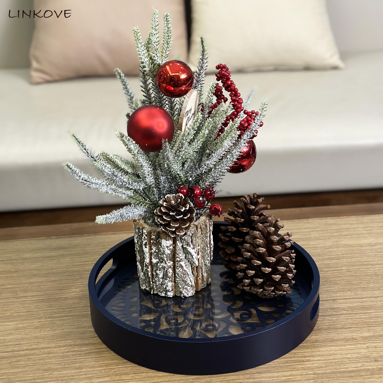 LINKOVE 12" Decorative Tray, Round Wood Tray for Home Decor, Small Wooden Serving Tray with Handles for Coffee Table Decor Centerpiece Kitchen Counter,Rustic Circle Candle Perfume Tray Decor