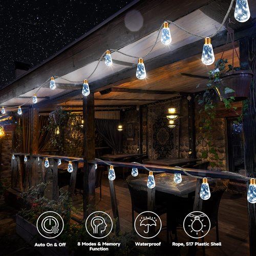 **Skiennix Solar Outdoor String Lights - 20Ft Vintage Rope Design | Waterproof 8 Modes with 16 Shatterproof Bulbs**