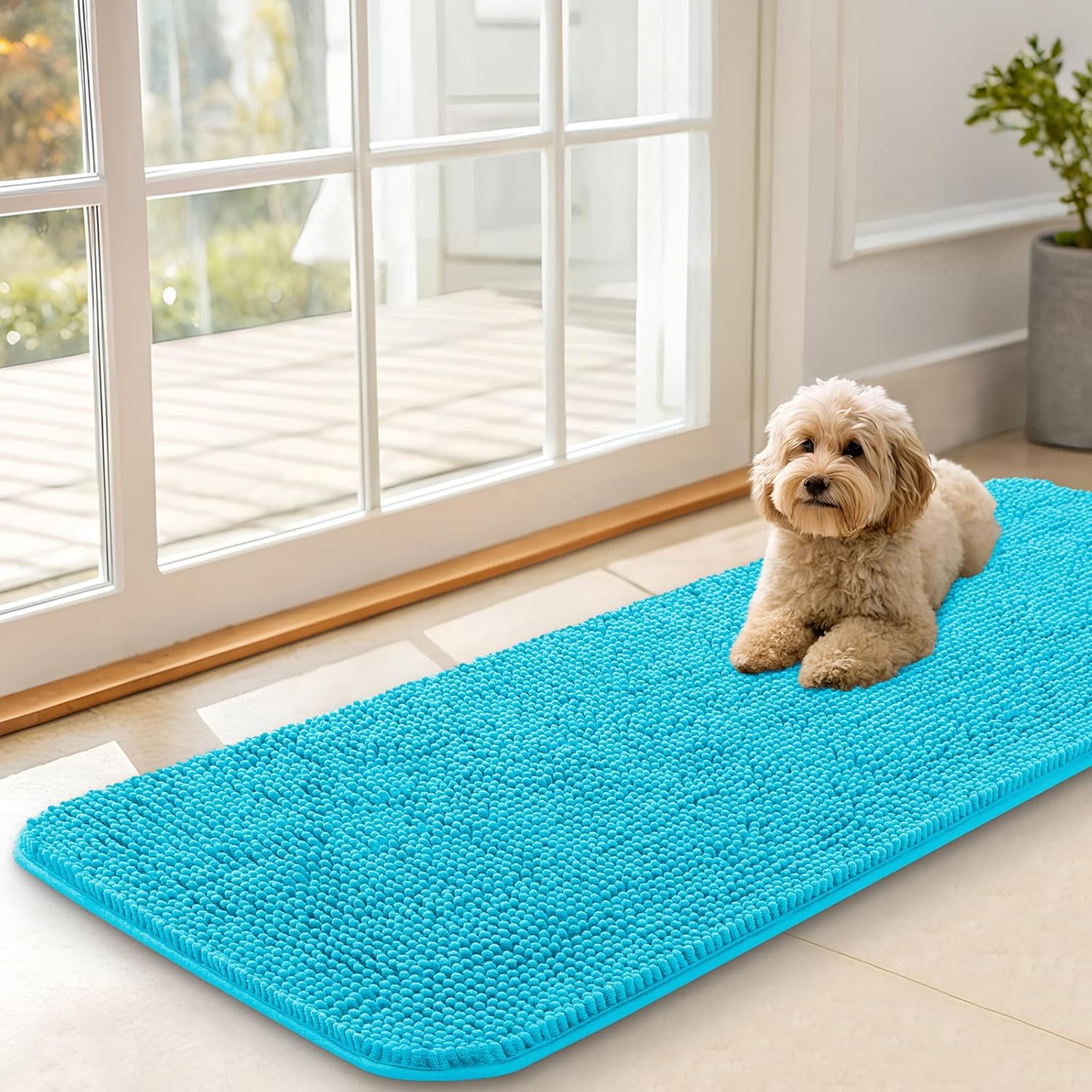 OLANLY Dog Door Mat - Absorbent Non-Slip Mud Mat for Indoor Use | Quick Dry Chenille, Aqua Blue, 47x17
