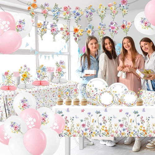 193Pcs Spring Wildflower Party Decorations Include Plates, Napkins, Cups, Balloons, Banner, Tablecloth, Cake Toppers, Honeycombs for Floral Birthday Baby Shower Party, Serve 24