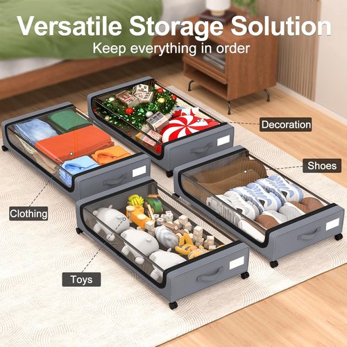 GoMaihe Under Bed Storage - 48L Rolling Containers with Lids for Shoes & Clothes | Grey 2-Pack
