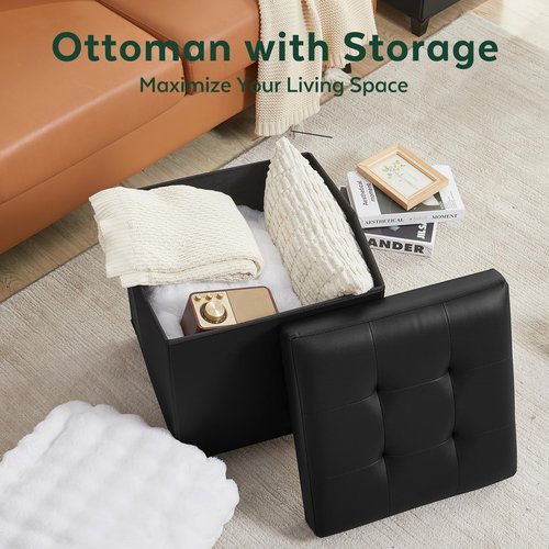 FIMIVIBI 17.7" Ottoman with Storage, Square Storage Ottoman for Dorm, Faux Leather Ottomans with Legs for Living Room, Bedroom, Black