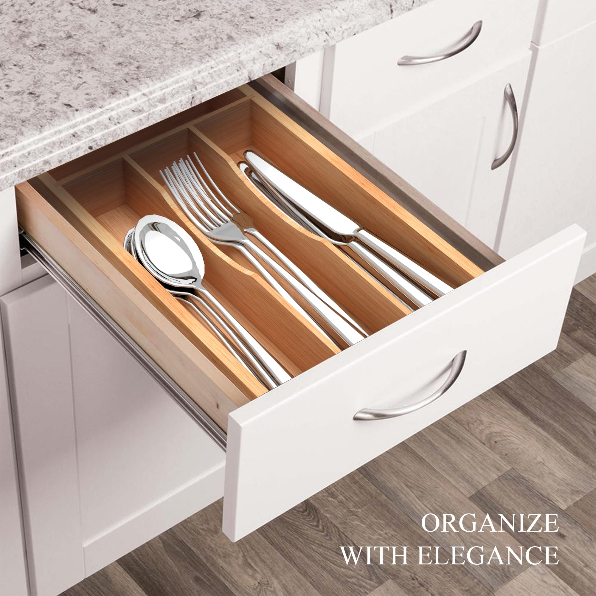 BEKVEM Small Silverware Organizer, Bamboo Kitchen Drawer Organizer, Utensil Holder, Cutlery Tray & Spoon Flatware Storage with Grooved Drawer Dividers (6.7''W x 12''D)