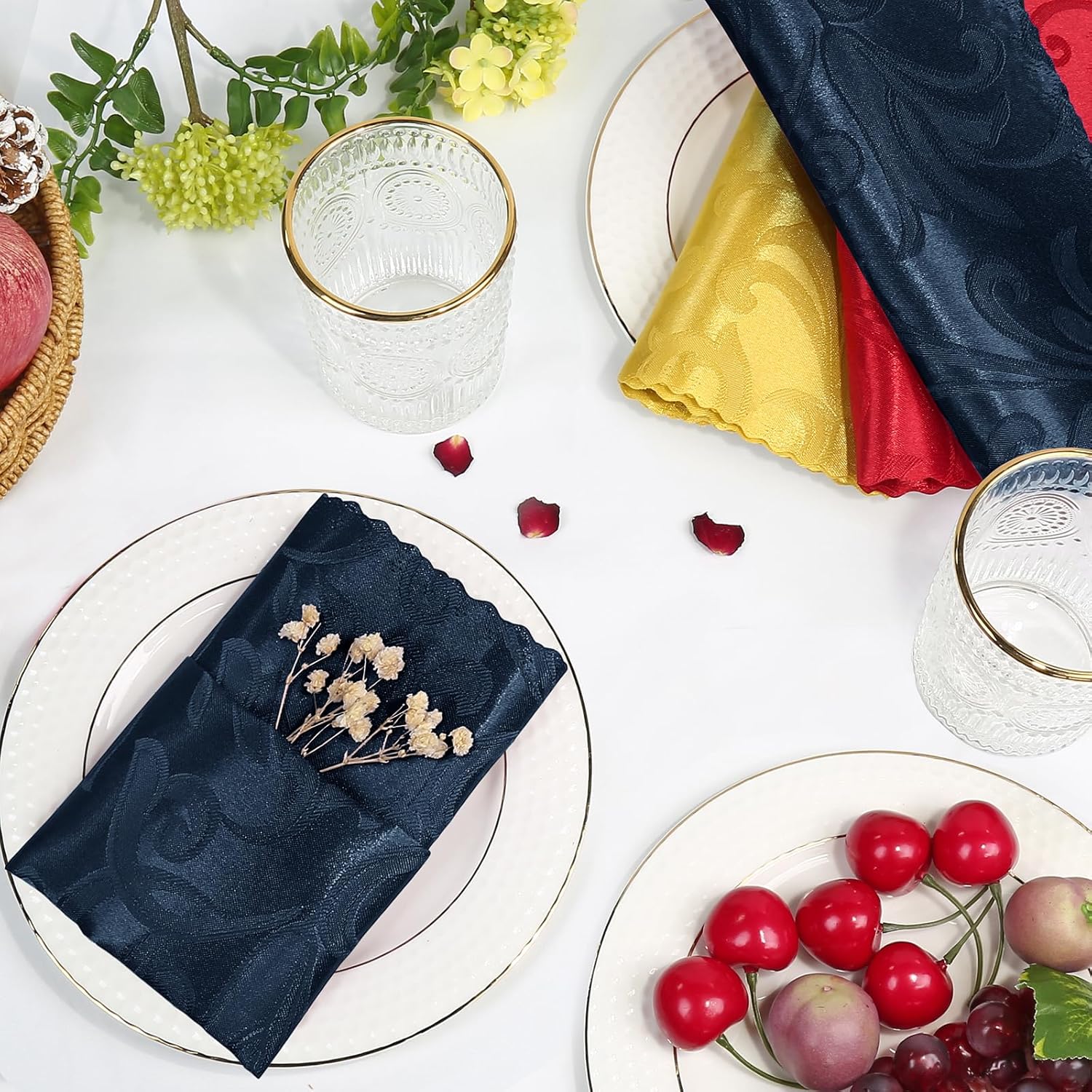 Aormenzy Navy Blue Satin Napkins - Elegant Floral Pattern | 17 x 17 Inches | 50 Pack