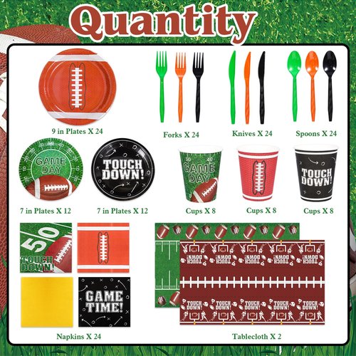 HOWAF 169pcs Football Party Supplies Kit, Football Plates Disposable Dinnerware Touchdown Napkins Plates Tablecloth Cups Knives Forks Spoons for Football Birthday Football Decorations Party Serve 24