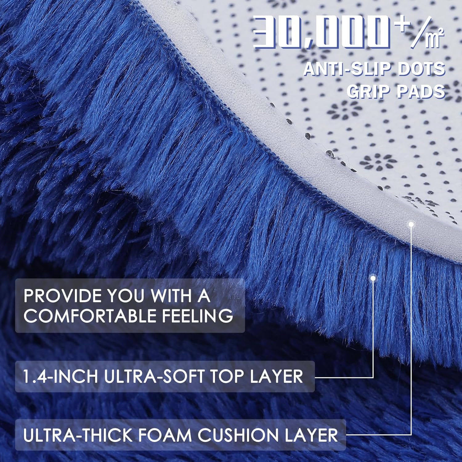 OLANLY Soft Fluffy Shaggy Bedside Rug - 3x3 Machine Washable Indoor Carpet in Navy Blue