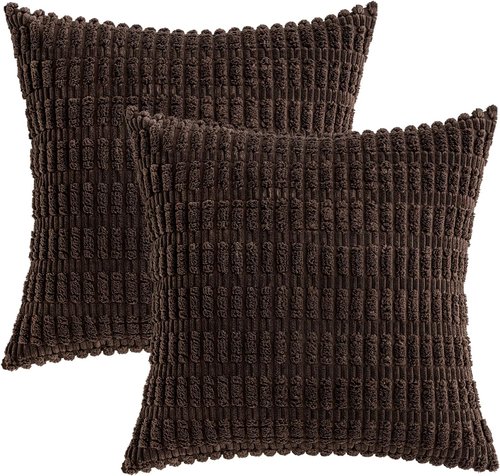 MIULEE Corduroy Throw Pillow Covers - Soft Boho Striped Design | 18x18 Inch Dark Brown for Modern Home Decor