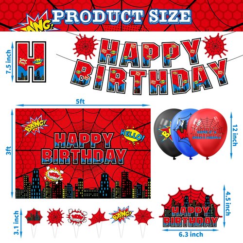 Spider Web Birthday Party Supplies, Spider Theme Party Decorations Including Birthday Banner, Backdrop, Balloons, Cupcake Toppers