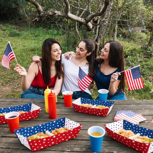 30 Pack Red, White & Blue Star Food Trays - Disposable Paper Serving Containers for BBQs & Patriotic Parties