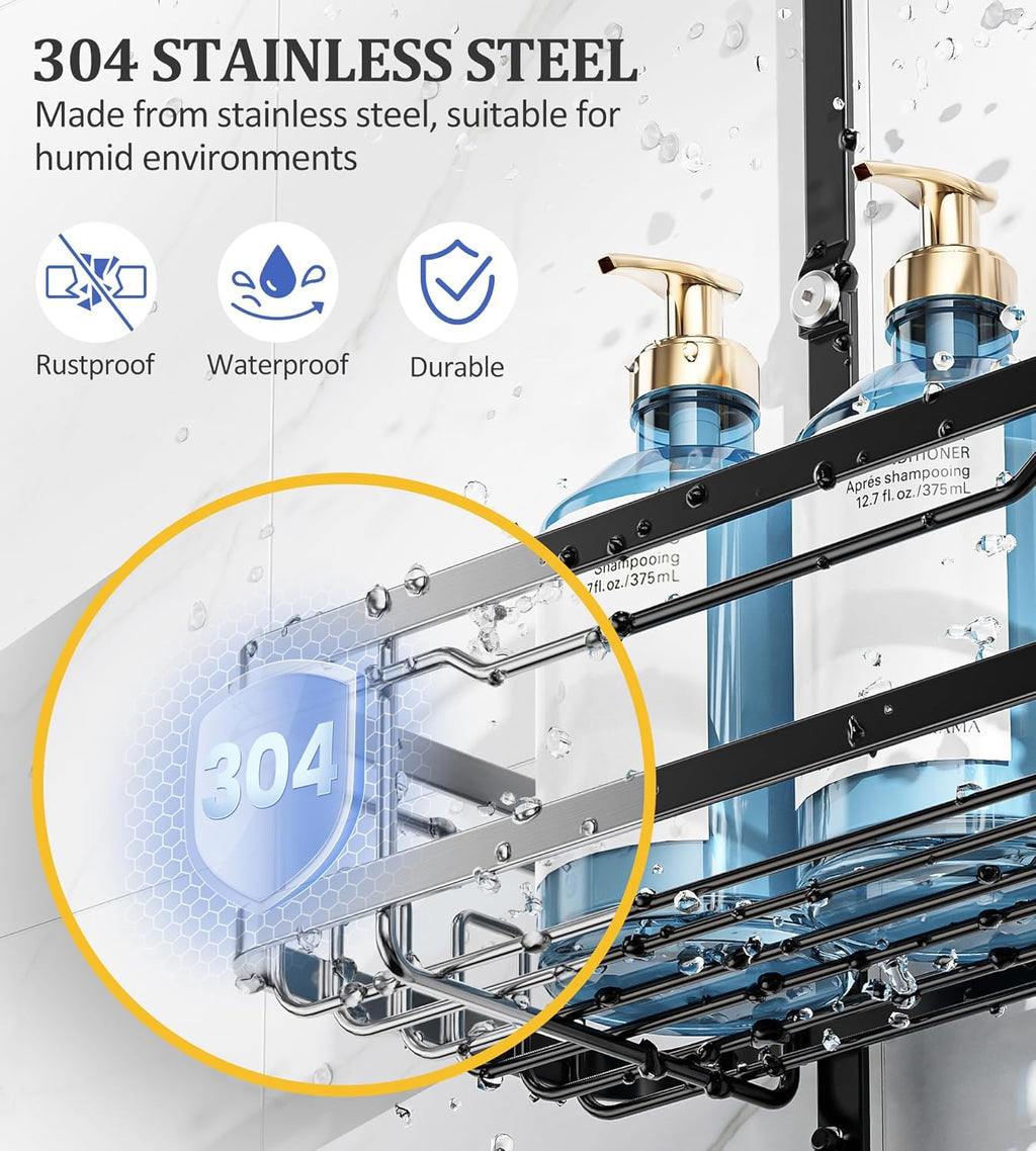 OMAIRA Shower Caddy - Rustproof Overhead Organizer with Soap Holder | Non-Slip Stainless Steel, Black