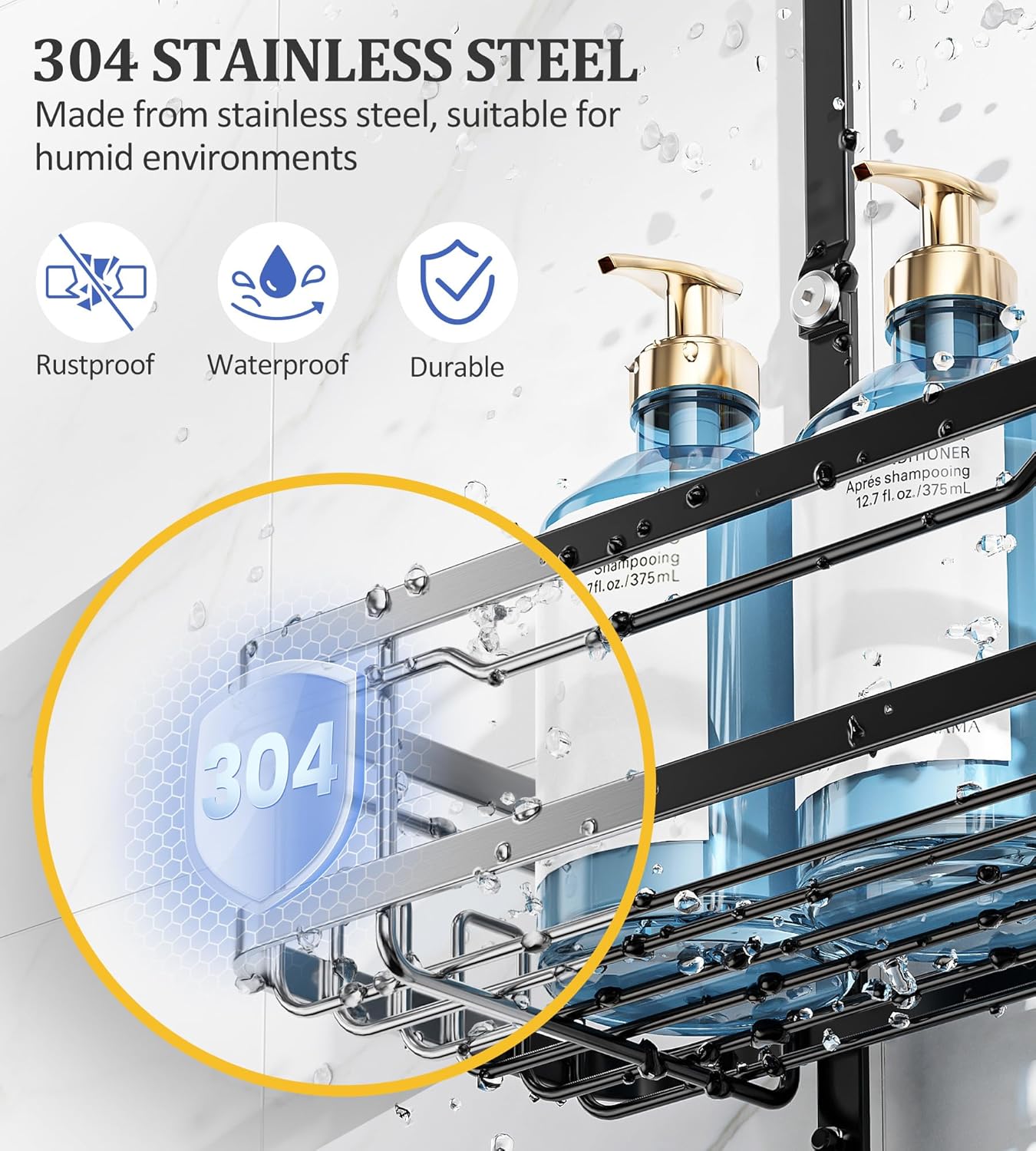 OMAIRA Shower Caddy - Rustproof Overhead Organizer with Soap Holder | Non-Slip Stainless Steel, Black