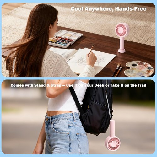 Mizong Portable Handheld Fan, USB Personal Fan Rechargeable Battery Operated 10H Working Cooling Time Mini Small Design with Base for Desktop/Travel/Outdoor/Vacation/Concerts/Lash Makeup-Pink