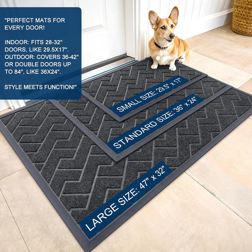 OLANLY Waterproof Front Door Mat - All-Season, Easy Clean Herringbone Design | Grey, 47x17 Inches