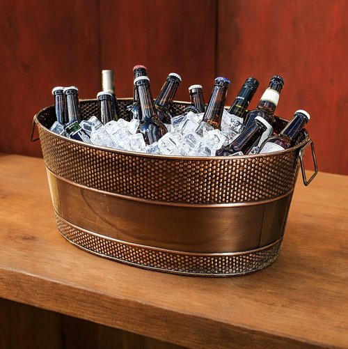 BREKX Copper Beverage Tub w/PVC Party Mat 6-Gallon Beverage Tub & Wine Bucket for Parties & Events, Mimosa Bar Supplies Champagne Bucket with Bar Mat, Large (11 Champagne Bottles)
