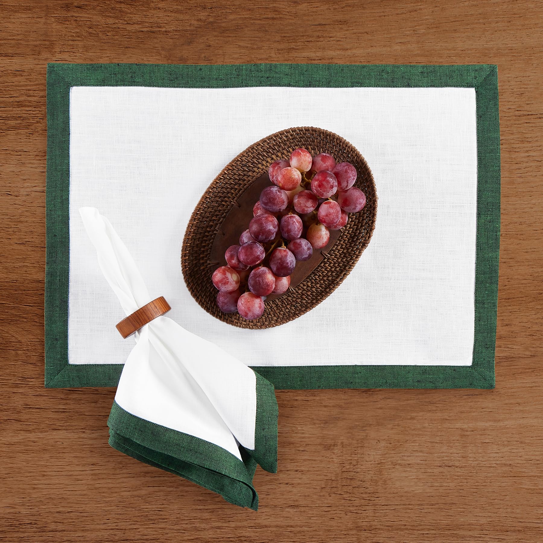 Solino Home Linen Cloth Napkins Set of 4-100% Pure Linen Forest Green and White Dinner Napkins 20 x 20 Inch - Classic, Handcrafted and Machine Washable