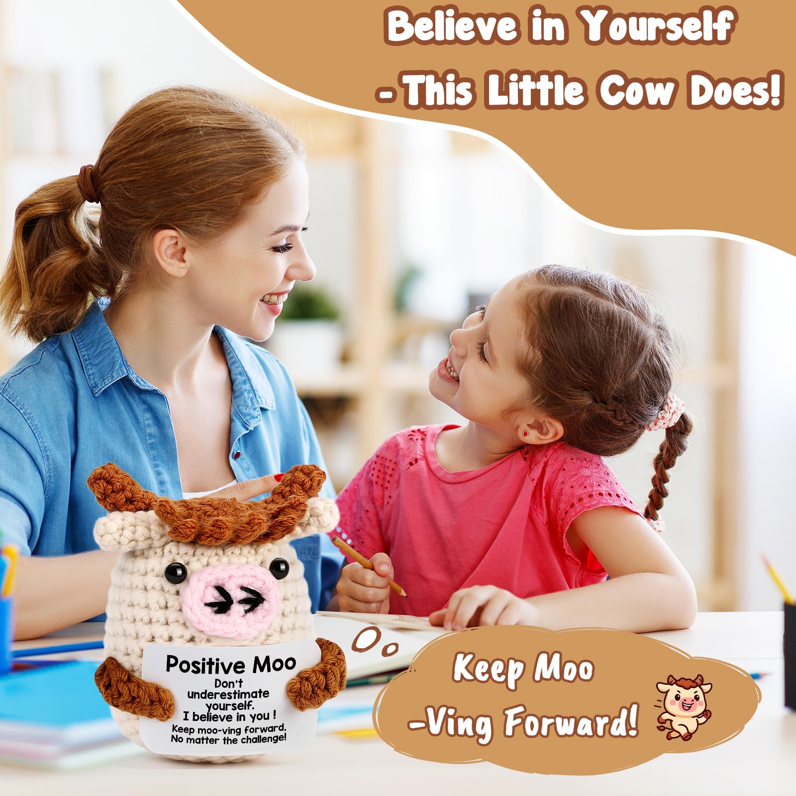 YUEYUQIU Positive Moo Easter Basket Essentials Stuffers for Teens Boy Girl Daughter Son, Easter Gifts for Kids Teenage - Handmade Crochet Cow Emotional Cheer Up Support Birthday Gift for Women Men