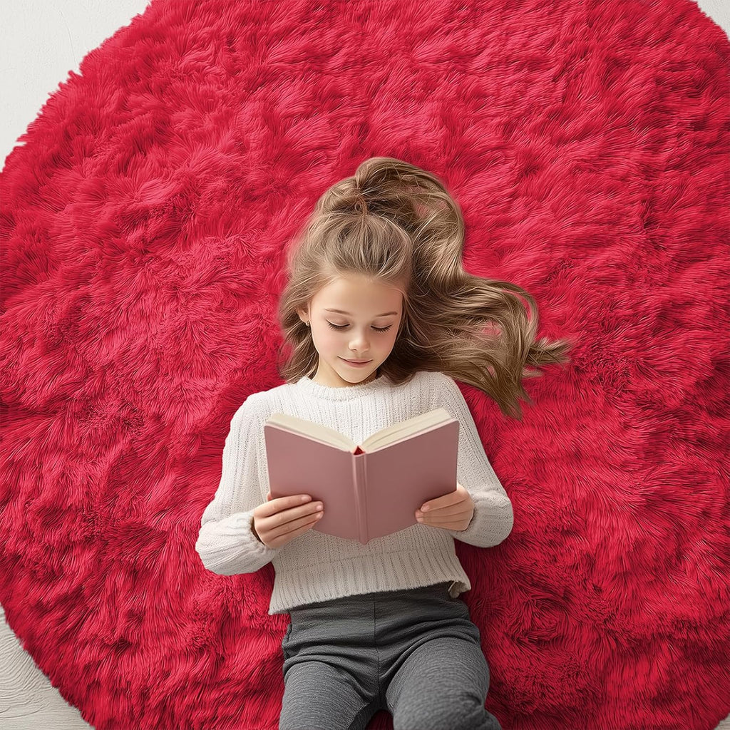 OLANLY Red Round Rug - Soft, Fluffy Shaggy Carpet | 5 ft Machine Washable Area Rug for Bedroom & Living Room