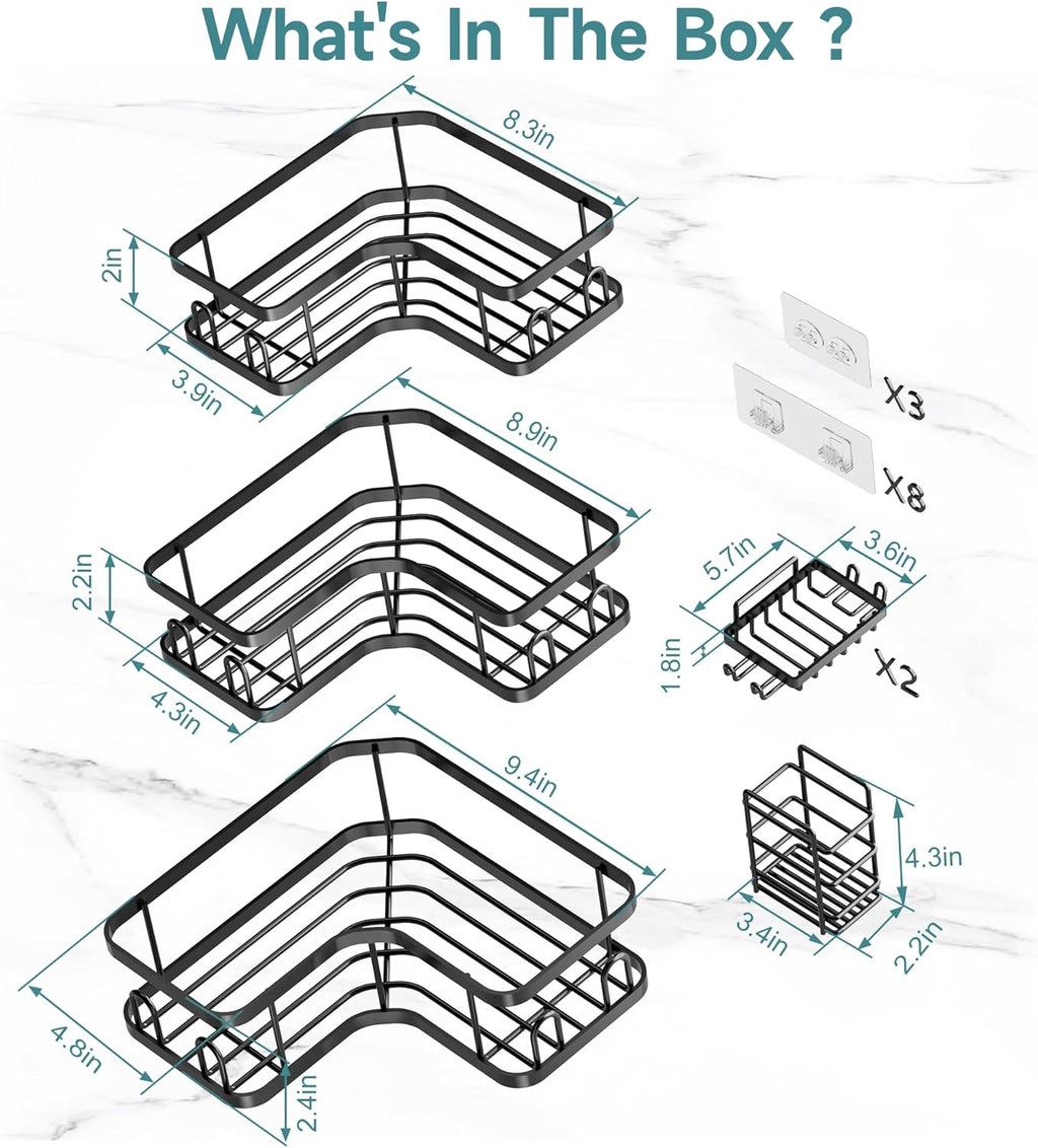 Veken Corner Shower Caddy - Rustproof Design with No Drilling Adhesive Shelves | Large Capacity Bathroom Organizer in Black