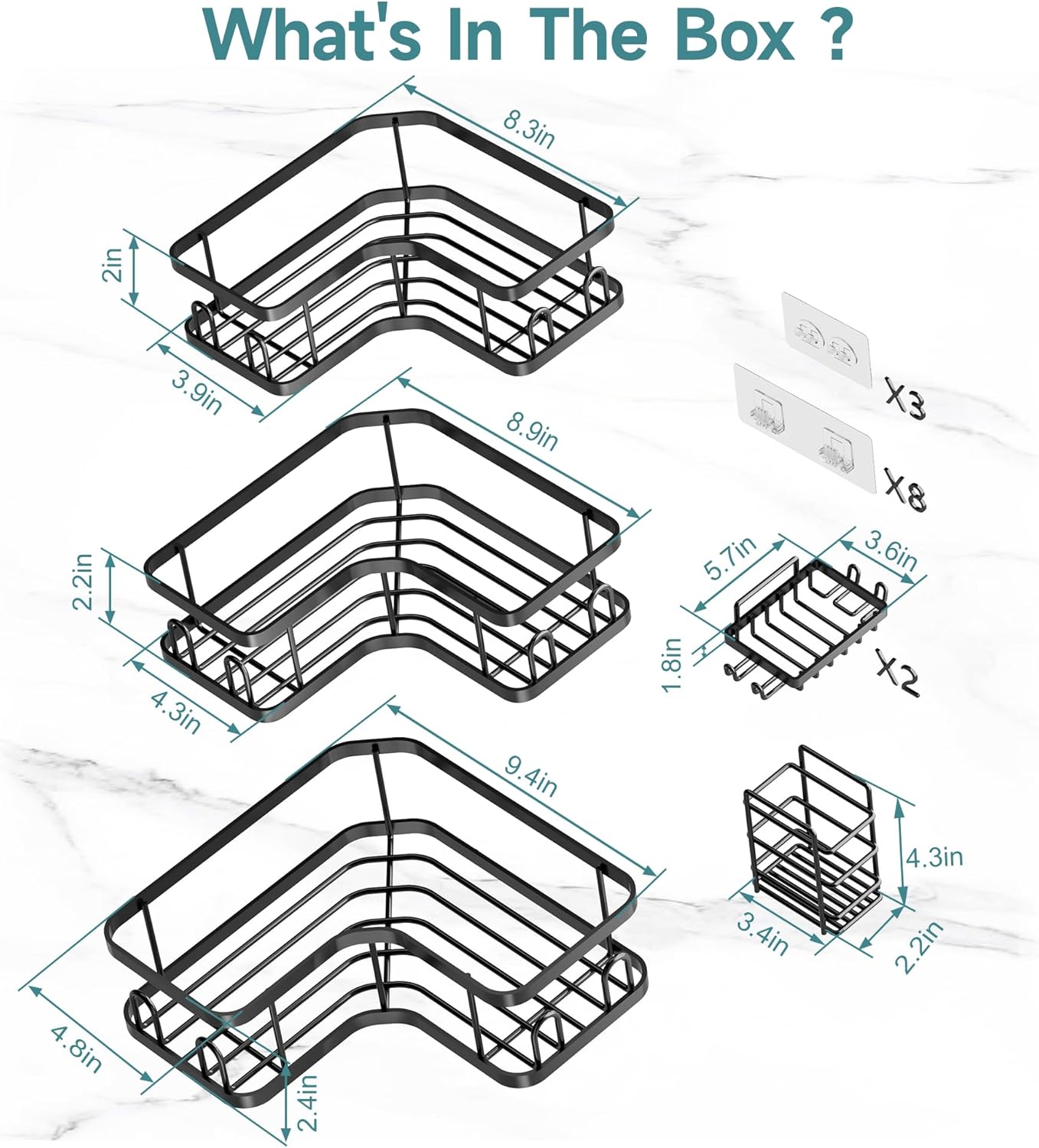 Veken Corner Shower Caddy - Rustproof Design with No Drilling Adhesive Shelves | Large Capacity Bathroom Organizer in Black