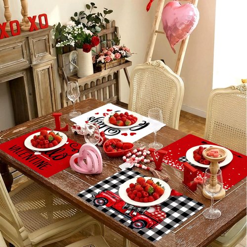 Gandeer Set of 6 Valentine's Buffalo Plaid Placemats 17 x 12'' Hearts Love Truck Place Mats Plastic Table Mat Romantic Farmhouse Modern Kitchen Decor for Valentine February Home Dinner Dining Party