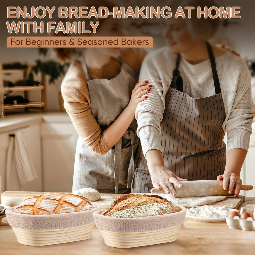TeamFar Bread Proofing Basket Set - 10 Inch Oval Sourdough Baking Baskets with Liner for Dough Fermentation