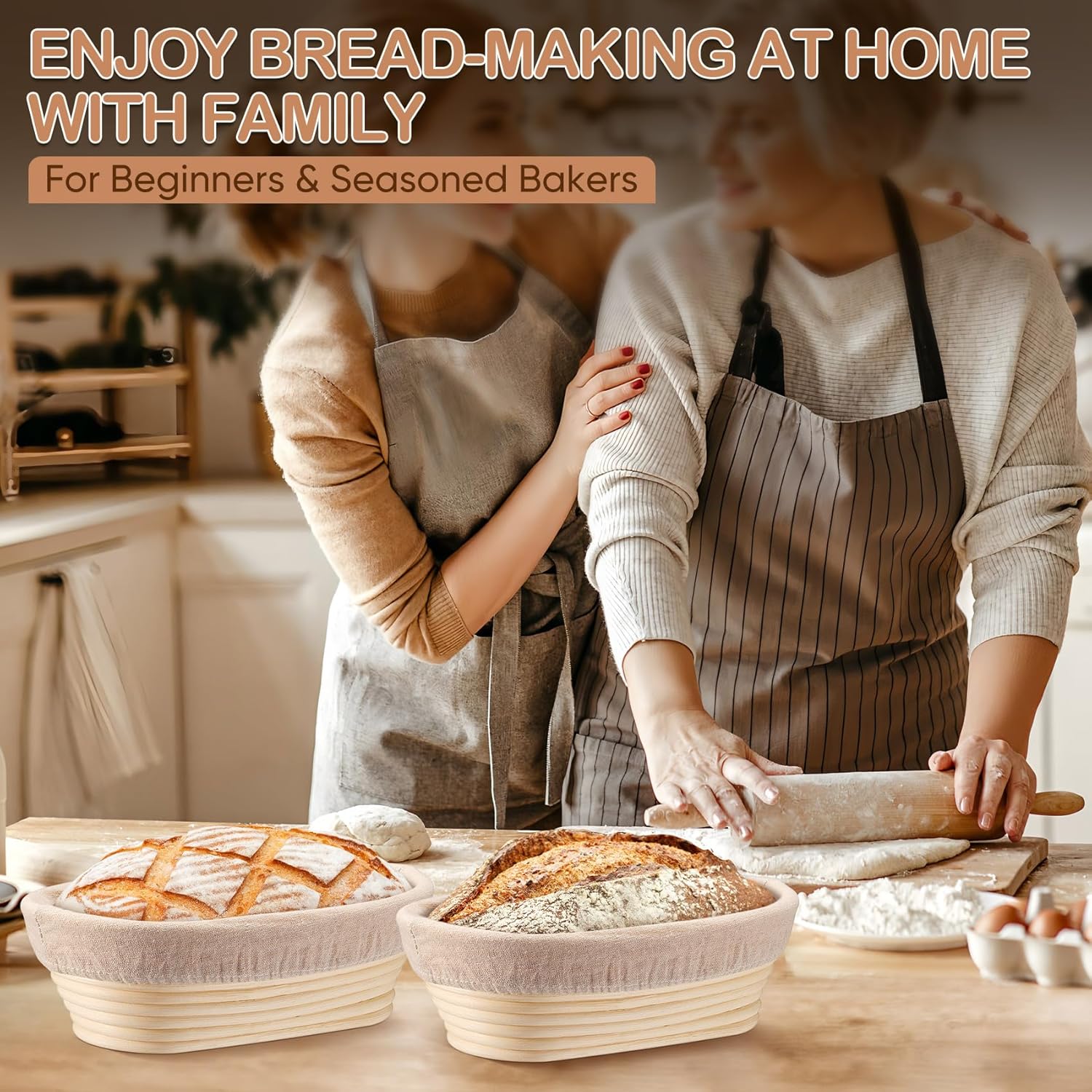 TeamFar Bread Proofing Basket Set - 10 Inch Oval Sourdough Baking Baskets with Liner for Dough Fermentation