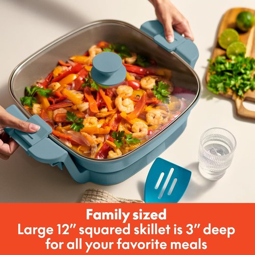 Bella Make & Take Electric Skillet - Adjustable Temperature, Dishwasher-Safe Lid, 1200 Watt, Surf Color