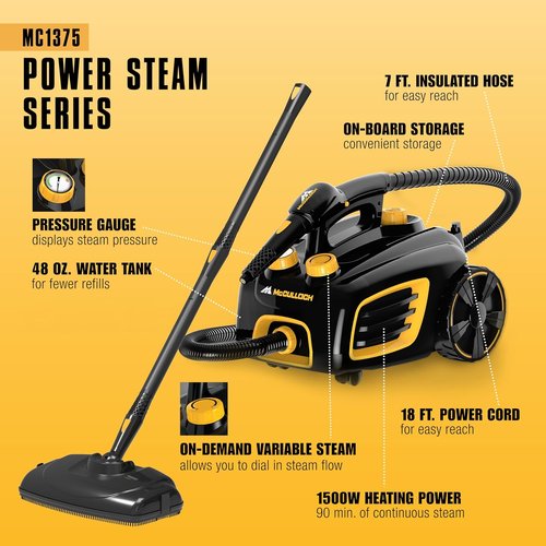 McCulloch Canister Steam Cleaner MC1375 - 90-Minute Runtime with 20 Accessories for Home & Car Detailing