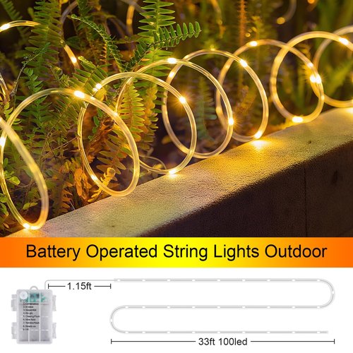 1 Pack Battery Powered String Lights Waterproof with Remote 33ft 100LED Timer 8 Modes Battery Operated Outdoor Lights for Christmas Decor Trampoline Camping Tents, Warm White