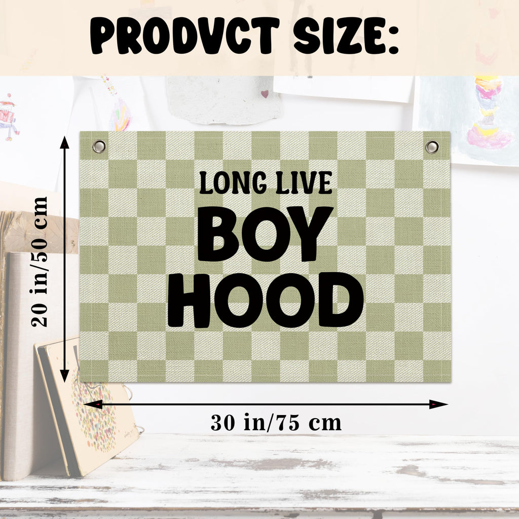 Long Live Boyhood Banner – Boy Room Decor Linen Banner Hanging Flag Retro Pink for Nursery Playroom Wall Art Decor for Kids Bedroom Dorm Toddler Decorations (Green Plaid2)