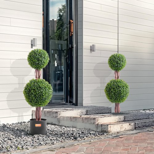 VEVOR Artificial Boxwood Topiary Tree, 36 inch Tall (2 Pieces), Double Ball Faux Topiary Trees, Faux Plant w/Extra Leaves & Pot & Small Decoration, UV Rated Set for Home Decor Indoor/Outdoor