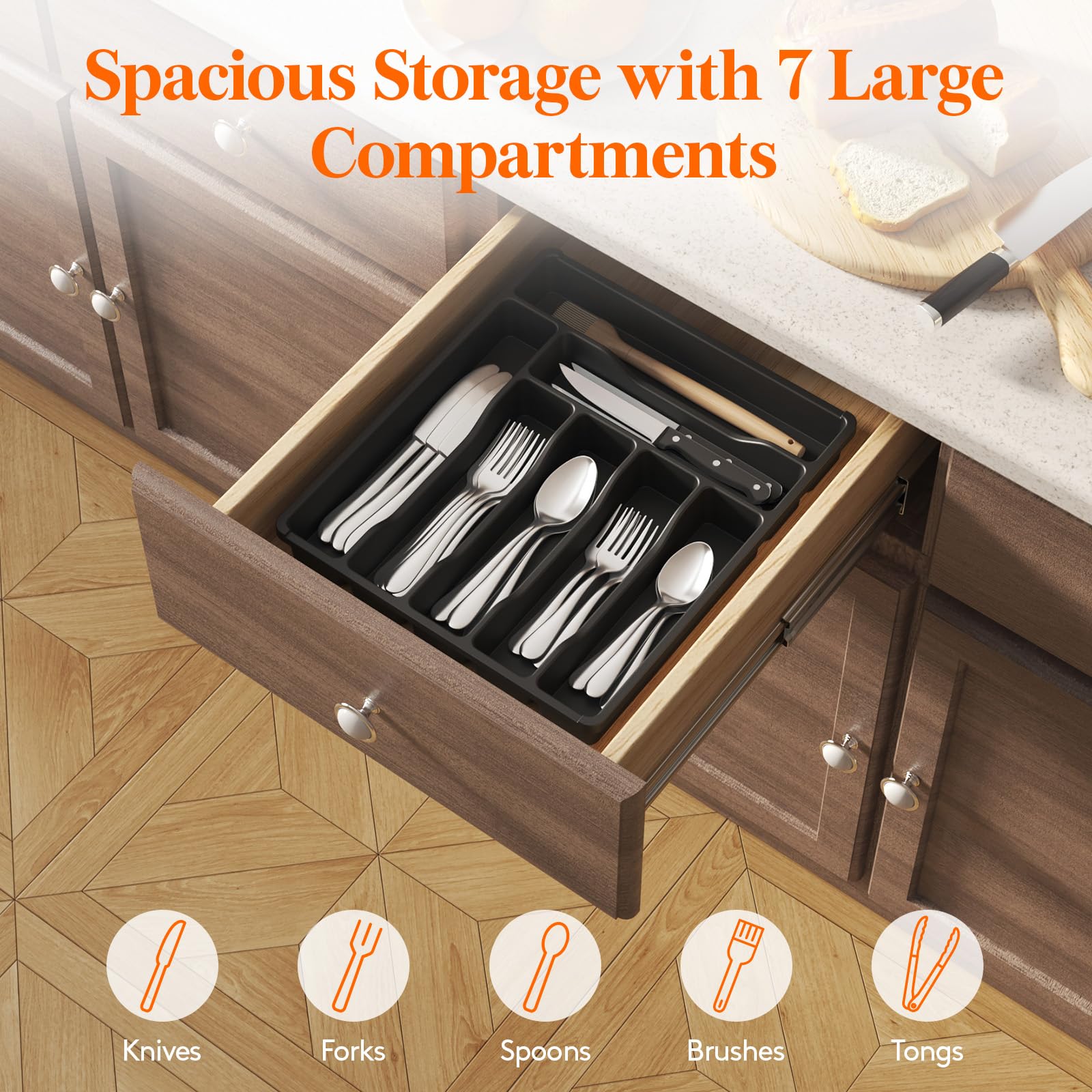 Lifewit Silverware Drawer Organizer Tray, Plastic Cutlery Storage for Kitchen, Flatware and Utensil Holder Divider for Spoons Forks Knives Tableware, 12.3 x 14.2", 7 Slots, Gray