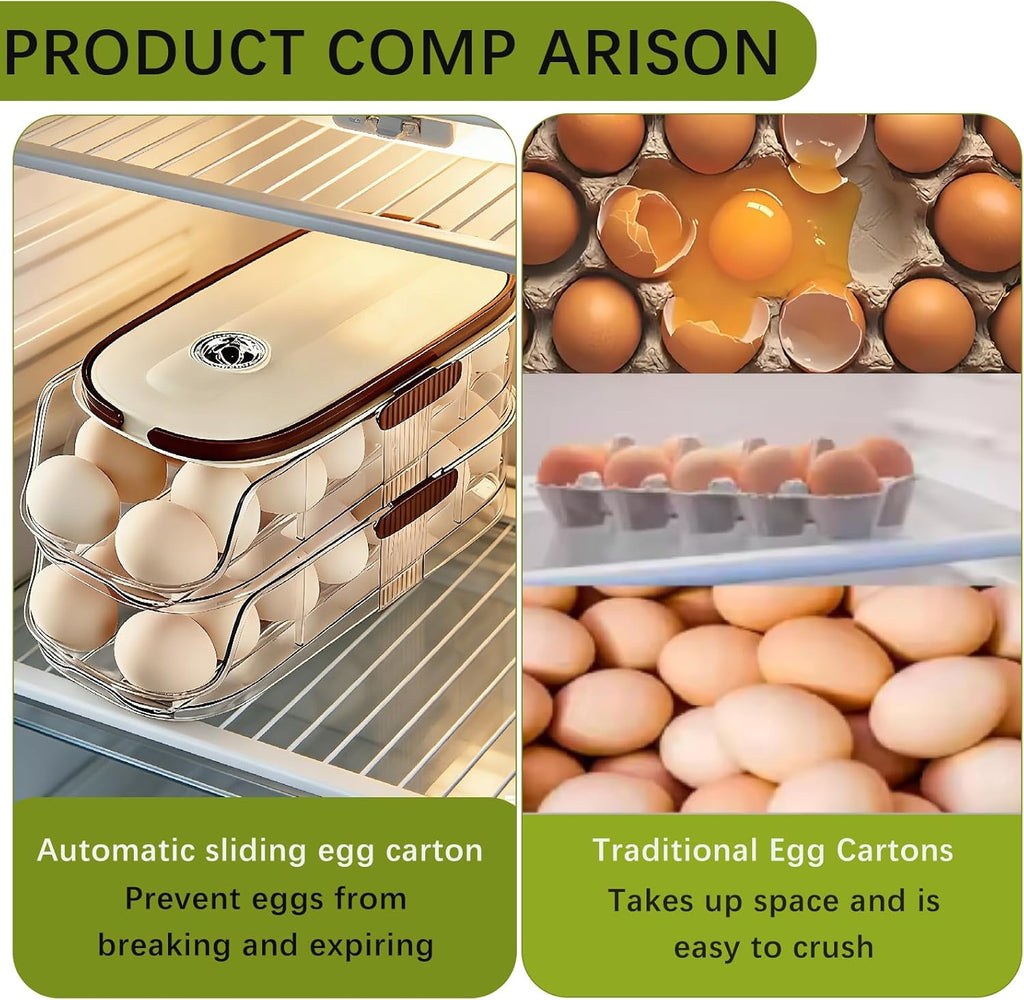 Skiennix Egg Holder - Automatic Rolling Egg Dispenser with Lid & Handle - Stackable Organizer for Fridge & Pantry