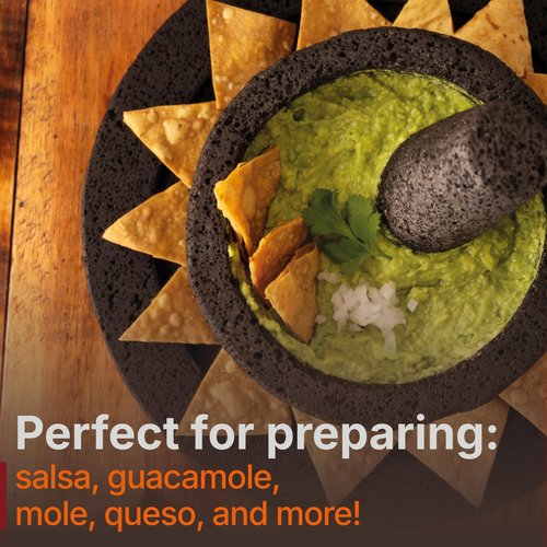 Mexican Molcajete Bowl with Tortilla Basket by Verve Culture, Basalt Volcanic Stone Mortar and Pestle, Rough Surfaced Mexican Kitchenware for Mixing and Grinding, Oven Safe, 7” Grinding Bowl