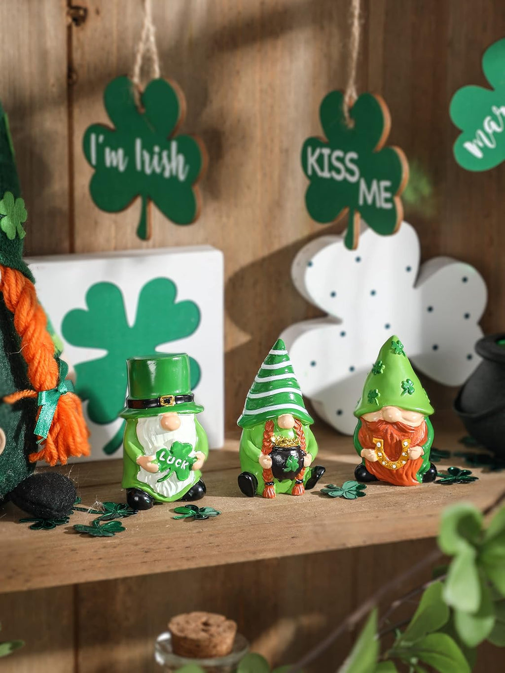 St. Patrick's Day Gnome Decor - 3Pcs Lucky Resin Gnome Ornaments for Tiered Tray | Home Table & Shelf Decor