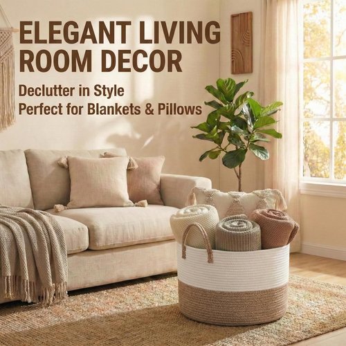 JMvicyroam 65L Extra Large Blanket Basket - Woven Cotton Rope Laundry Hamper with Reinforced Handles | Machine Washable, White & Brown