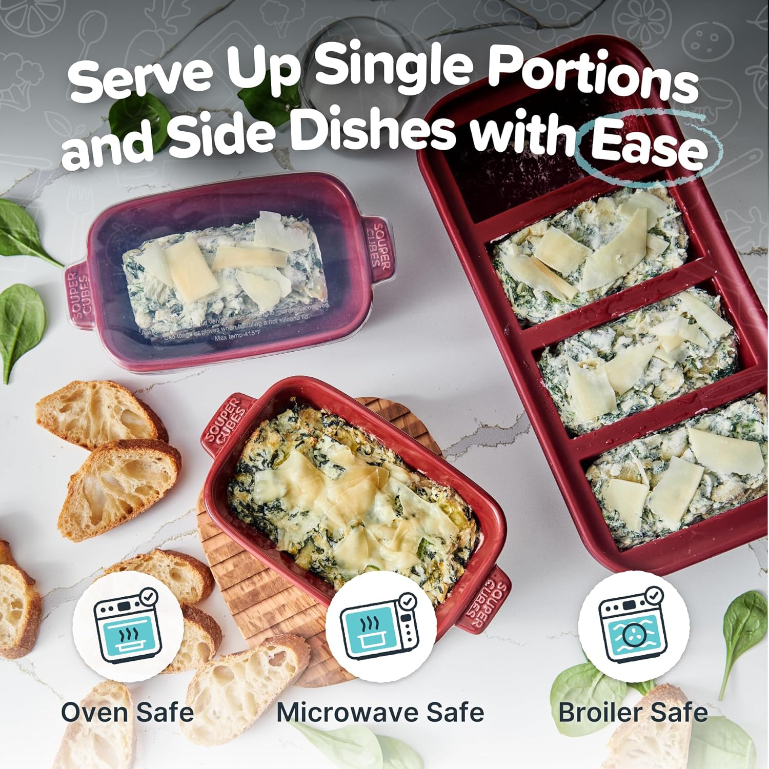 Souper Cubes Stoneware - Small 5" x 3" Ceramic Baking Dish with Silicone Covers | Set of 4 in Cranberry for Perfect Single Serve Portions