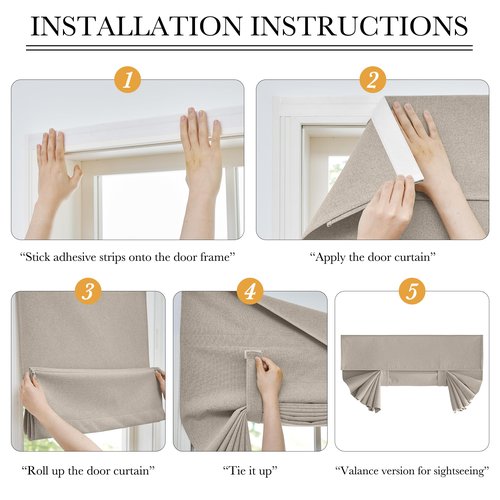 RYB HOME 100% Blackout Linen Door Window Curtains for French Door, Tricia Room Darkening Adhesive Privacy Assured Thermal Insulated Blinds for Kitchen Glass Window, W 26 x L 40, 1 Panel, Sand