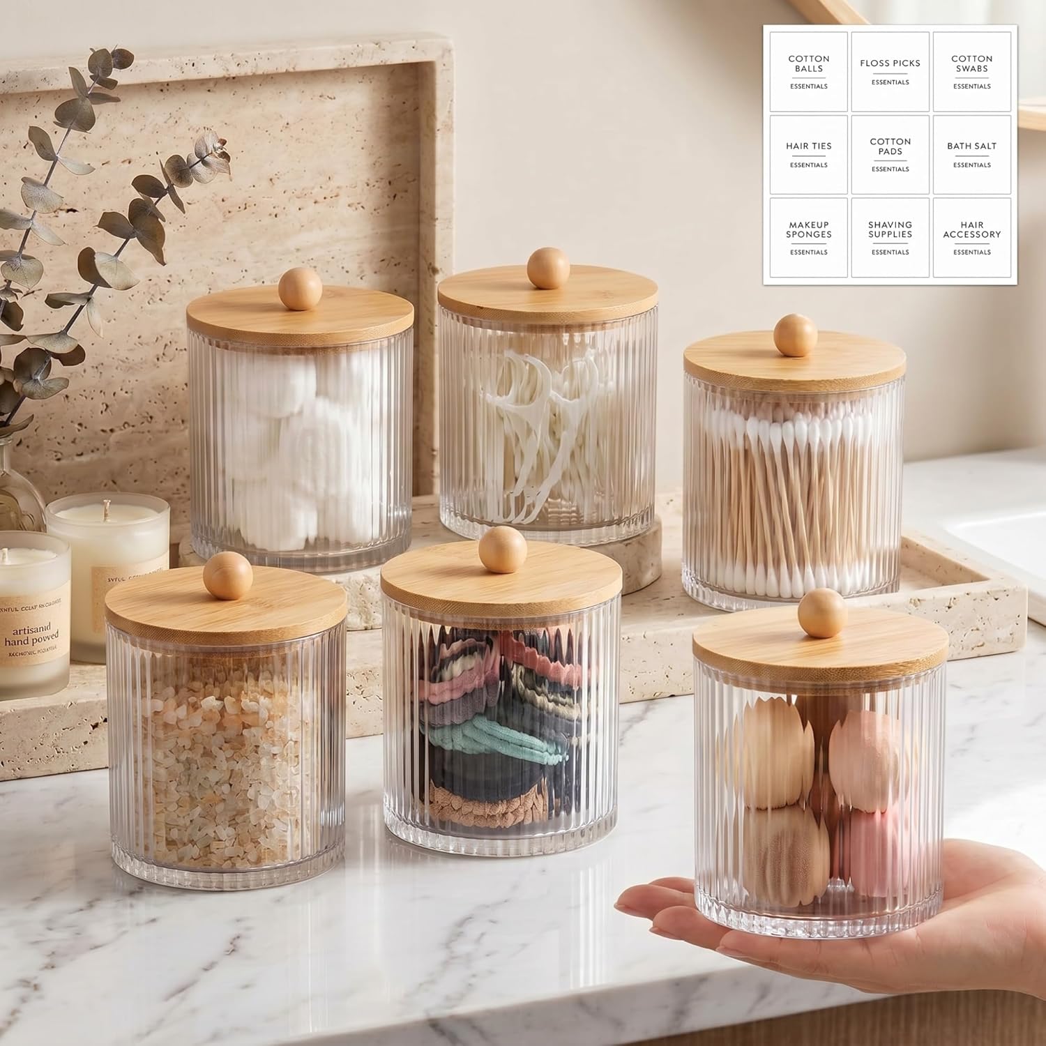 Yaomiao Ribbed Bathroom Canisters - 6 Pcs Apothecary Jars with Bamboo Lids & Labels | 18 oz Plastic Storage