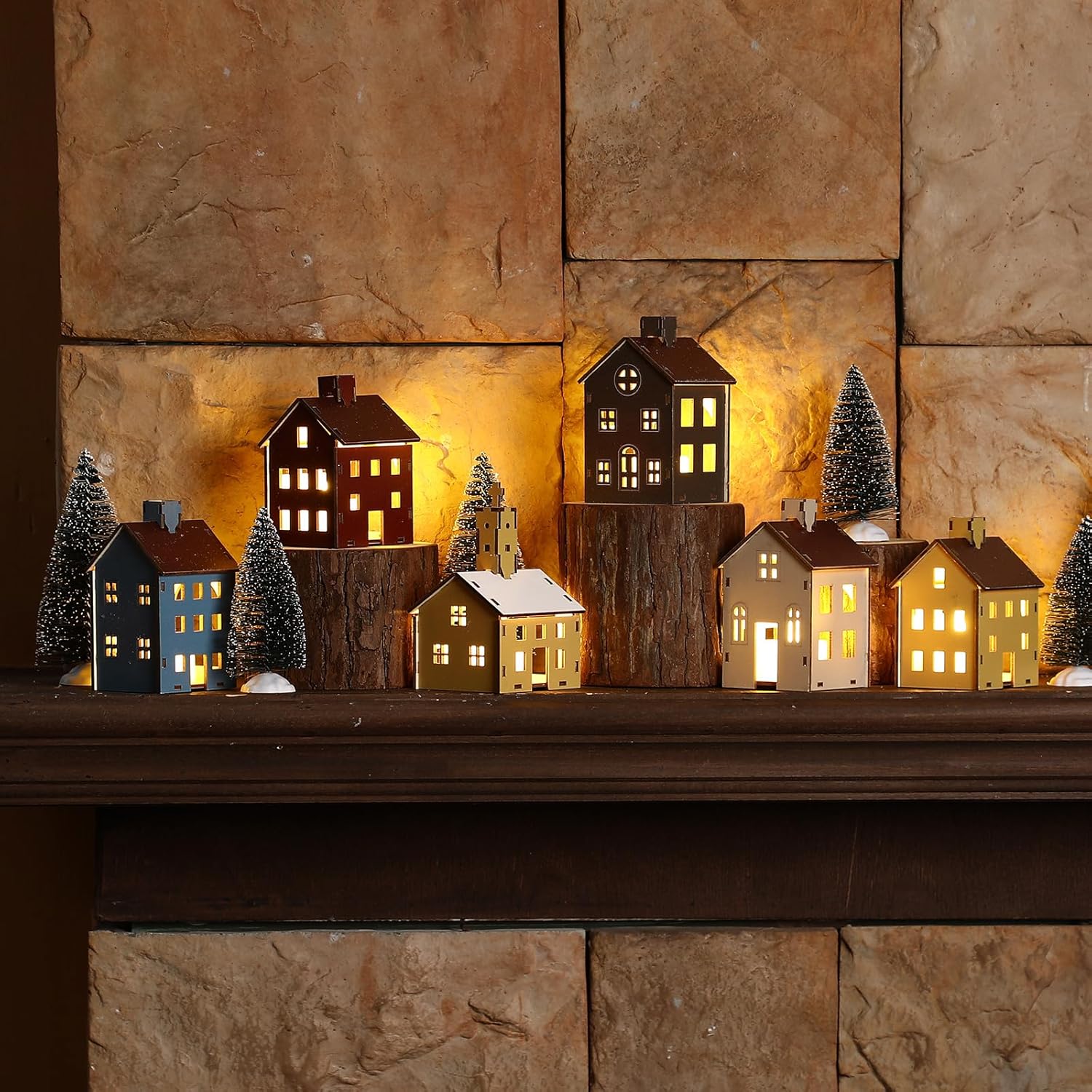 Yalikop 18pcs Wooden Easter Village Set - Colorful Houses & Church with Electronic Candle Light